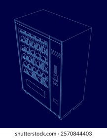 Vending machine with a blue background is shown in a blue drawing. The machine is empty, with no items inside. The blue background gives the vending machine a clean and modern look