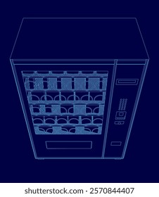 Vending machine with a blue background is shown in a blue drawing. The machine is empty, with no items inside. The blue background gives the vending machine a modern and sleek appearance