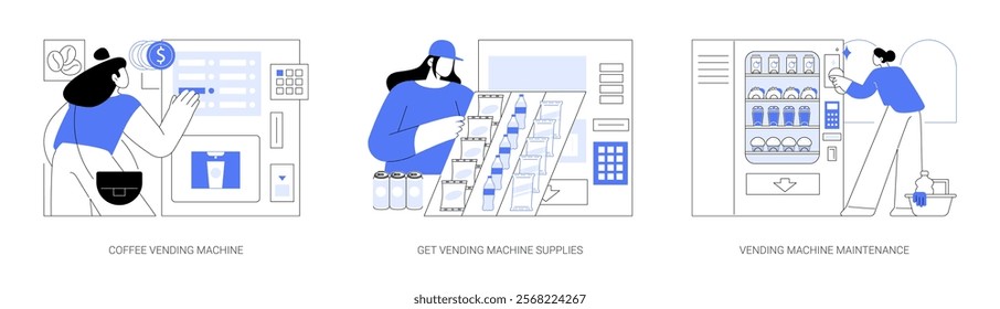 Vending machine business isolated cartoon vector illustrations set. Customer buying takeaway coffee, owner get supplies for automated machine, maintenance, replace snacks and drinks vector cartoon.