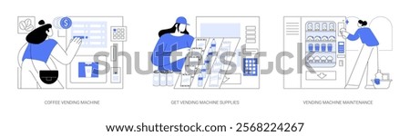 Vending machine business isolated cartoon vector illustrations set. Customer buying takeaway coffee, owner get supplies for automated machine, maintenance, replace snacks and drinks vector cartoon.