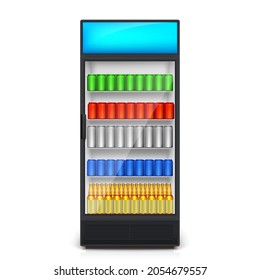 Vending machine. Cans and bottles with blank labels on the shelves. Vector 3d illustration isolated on white.