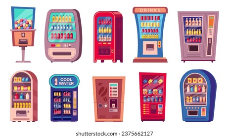 Vending machine. Cartoon snack and cold beverage vending machine, sweet candy and cold drink vending equipment, convenient food concept. Vector isolated set. Selling bottles of water, hot coffee