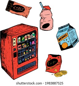 Vending machine colored illustration. Snacks, milk, chocolate bar, yoghurt hand drawn illustration. Colorful objects vector drawing set. Texture sketchy style. Doodles for decoration. 