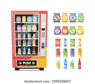 Vending Machine With Colorful Buttons And Lights, Offers An Array Of Tempting Snacks And Beverages, Neatly Arranged