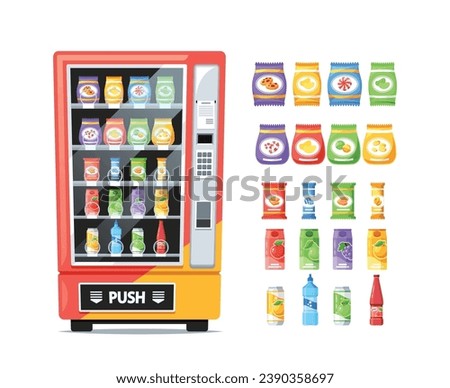 Vending Machine With Colorful Buttons And Lights, Offers An Array Of Tempting Snacks And Beverages, Neatly Arranged