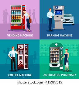 Vending machine concept icons set with parking and coffee machines flat isolated vector illustration 