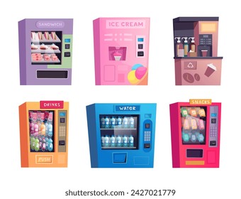 Vending machine. Fast self checkpoint markets with different beverage food and drinks exact vector cartoon set
