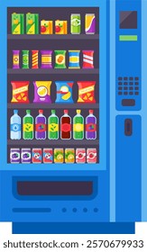 Vending machine featuring a colorful array of snacks and drinks, including soda, juice, water, chips, and chocolate bars, providing convenient options for quick refreshment and snacking