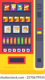 Vending machine filled with a variety of snacks, including chips, juices, sandwiches, chocolate bars, and yogurts, providing a convenient self service option for quick meals and refreshments