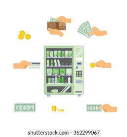 vending machine flat design style with payment variants hand icons, vector illustration