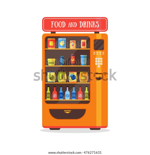 食べ物と飲み物 ソーダ スナックス 食べ物の包装セットを備えた自販機 フラットデザインスタイル ビンテージマシンの自動販売オレンジのベクターイラスト カラフルな自動販売機 のベクター画像素材 ロイヤリティフリー