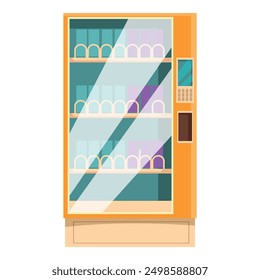 Vending machine full of snacks displaying on shelves behind glass door with payment system