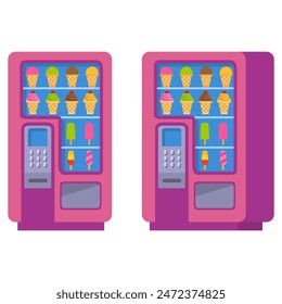 Vending machine ice cream. Vending machine with snacks.Vending machine.Automatic snacks machine . Automatic snack and drink sale machinery.Waffle cone with ice cream.