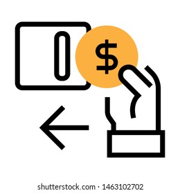 Vending machine icon. Hand with coin insert to vending machine. Stroke outline style. Vector. Isolate on white background.