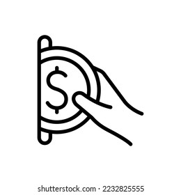Icono de máquina expendedora. Pon una moneda en la máquina. La mano paga con la moneda. Pictograma aislado en un fondo blanco.