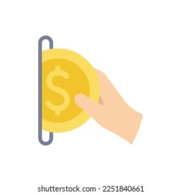 Vending machine icon. Put a coin into the machine. Hand pays with coin. Vector Illustration