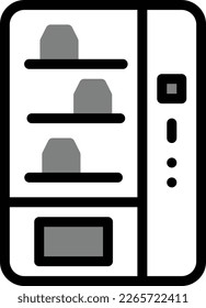 Icono de máquina expendedora Un vector de icono que representa una máquina expendedora normalmente incluye una máquina con productos mostrados en compartimentos. Este icono se utiliza normalmente para indicar el comercio minorista automatizado