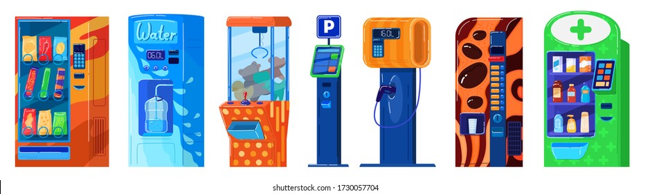 Vending machine isolated on white, parking, snacks and water, gas station and toys, vector illustration. Automatic equipment for shop and pharmacy, self service terminal. Different vending machines