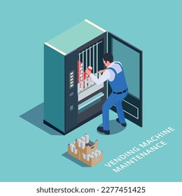 Vending machine isometric composition with editable text and worker in uniform putting goods into machine slots vector illustration