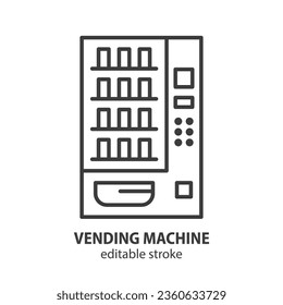 Vending machine line icon. Automatic dispenser with snak and drink. Editable stroke. Vector illustration.