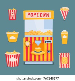 Vending machine for making and selling popcorn. A set of packing boxes for popcorn. Vector illustration.