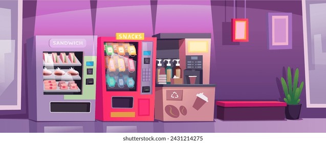 Vending machine in market. Mall or grocery food markets with vending machines exact vector cartoon background