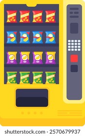 Vending machine offering a wide variety of colorful chips bags, featuring a digital display and a keypad for selection, providing a convenient snacking option