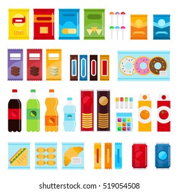 Vending machine product items set. Vector flat illustration. Food and drinks design elements isolated on white background. Fast food snacks and drinks flat icons. Snack pack set stock vector design