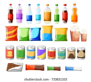 Vending machine product items set. Vector flat illustration. Food and drinks design elements isolated on white background. Fast food snacks and drinks flat icons. Snack pack set stock vector design.