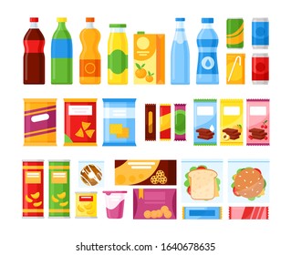 Vending machine products. Vector snack product set with drinks, juice, chips, cracker, cookie, chocolate and sandwich for vending machine bar. Fast food snacks and drinks icons in flat style