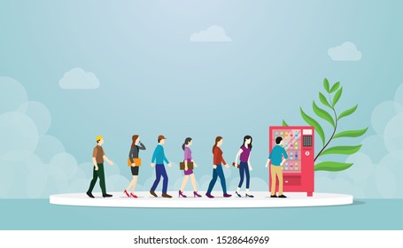 vending machine queue with many people concept with modern flat style - vector