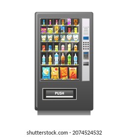 Vending machine. Retail mechanism. Automatic food sale. Buying drinks and snacks. Make purchases in selling equipment. Square appliance mockup with panel and buttons. Vector illustration