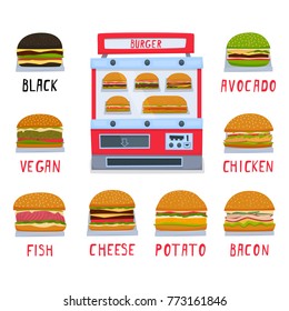 Vending machine for the sale of burgers. A set of burgers. Vector illustration.