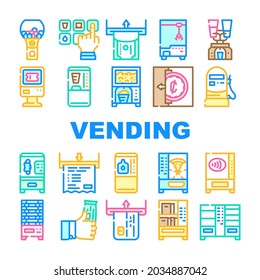 Vending Machine Sale Equipment Icons Set Vector. Coffee And Drink Vending Machine, Pop Corn And Candy Food Selling Electronics, Contactless Payment And Money Banknote Line. Color Illustrations