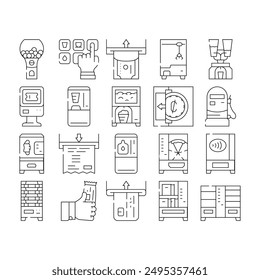 Vending Machine Sale Equipment Icons Set Vector. Coffee And Drink Vending Machine, Pop Corn And Candy Food Selling Electronics, Contactless Payment And Money Banknote Contour Illustrations