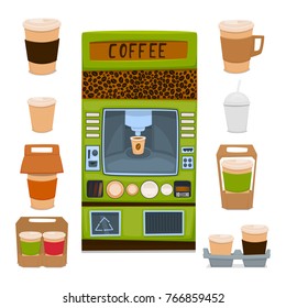 vending machine for the sale of hot coffee drinks and chocolate. Packaging for take away coffee. Vector illustration.