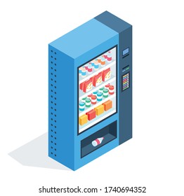 Máquina expendedora de aperitivos y bebidas. Venta automática de alimentos y refrescos en una oficina o centro comercial. Vector aisló la ilustración isométrica en un fondo blanco.