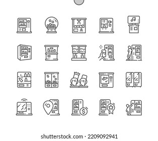 Máquina expendedora. Autoservicio. Máquina automática con comida, bebida, café, dulces y juguetes. Dispensador de jugo. Iconos De Línea Delgada De Vector Perfecto De Pixel. Pictograma mínimo simple