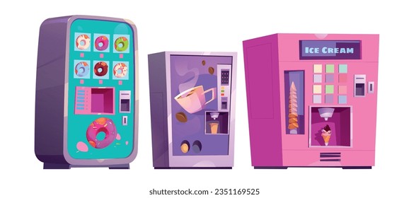 Vending machine sell donut, coffee and ice cream cartoon illustration. Isolated equipment with automatic icecream dispenser on white background. Chocolate doughnut bakery snack selling in school