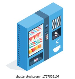 Vending machine selling chips, soda, snacks and hot coffee. Apparatus for the automatic sale of products. Vector isometric illustration on a white background.