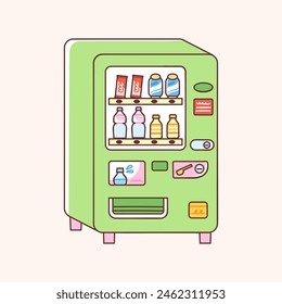 Getränke- und Snackautomat. Vektorillustration eines bunten Automaten mit Getränkedosen, Wasser- oder Saftflaschen und Schokoriegel im Inneren. Trendy Flat Style.