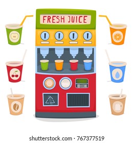 A vending machine for selling fresh fruit juices, water, tea and coffee take-away. A set of cups with drinks. Vector illustration