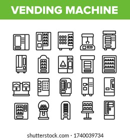Vending Machine Selling Service Icons Set Vector. Vending Machine Technology With Food And Drink, Coffee And Tea, Bubbles Gum And Toys Concept Linear Pictograms. Monochrome Contour Illustrations