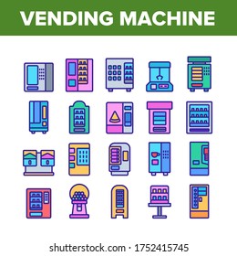 Vending Machine Selling Service Icons Set Vector. Vending Machine Technology With Food And Drink, Coffee And Tea, Bubbles Gum And Toys Color Illustrations