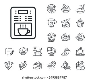 Vending machine sign. Crepe, sweet popcorn and salad outline icons. Coffee maker line icon. Make tea symbol. Coffee maker line sign. Pasta spaghetti, fresh juice icon. Supply chain. Vector