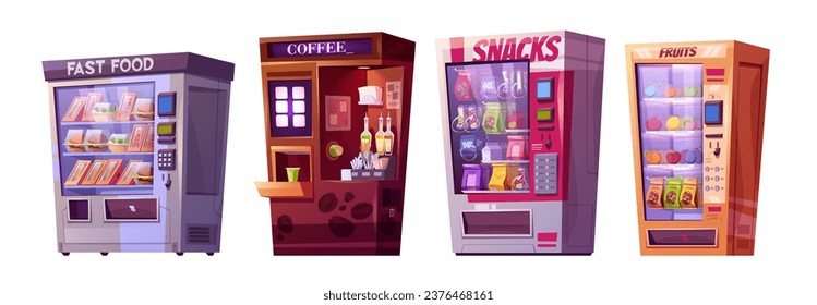 Vending machine with snack and drink illustration icon. Fruit, coffee, sandwich and juice dispenser for bar or parking. Convenience device to sell healthy product from slot clipart set graphic design.