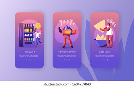 Vending Machine Snack Food Mobile App Page Onboard Screen Set. Male and Female Characters Buying Sweets and Drinks on Street, Fastfood Concept for Website or Web Page. Cartoon Flat Vector Illustration