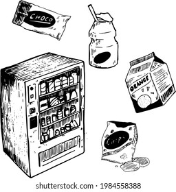 Vending machine and snacks ink illustrations. Chocolate bars, drinks, chips, yoghurt hand drawn elements. Texture monochrome style. Objects vector drawings set. 