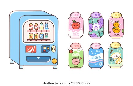 Vending machine and soda cans set. Vector illustration of a machine selling fruit flavored fizzy drinks. Flavors include grape, apple, peach and orange. Isolated elements on white background.