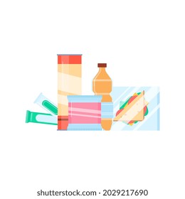 Vending machine or supermarket product items, flat vector illustration isolated on white background. Food and drinks retail packs with snacks and beverages.